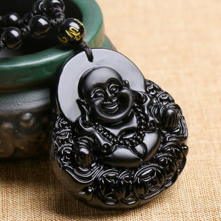 Buddha Gift Laughing Buddha Black Obsidian Strength Protection Pendant Necklace
