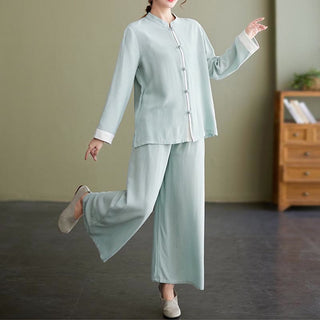 Buddha Gift 2Pcs Tang Suit Long Sleeve Shirt Top Pants Meditation Zen Tai Chi Cotton Linen Clothing Women's Set