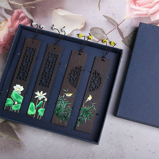 Buddha Gift Green Lotus Bamboo Oriole Ebony Wood Bookmarks With Gift Box