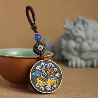 Buddha Gift PiXiu Copper Coin Ebony Wood Luck Attract Wealth Key Chain Decoration