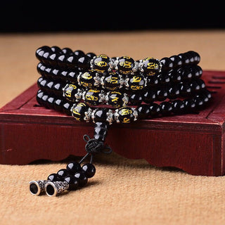 Buddha Gift Black Obsidian Six True Words Protection Mala Bracelet