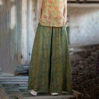 Buddha Gift Green Yellow Ramie Linen Flexible Waistband Wide Leg Pants With Pockets