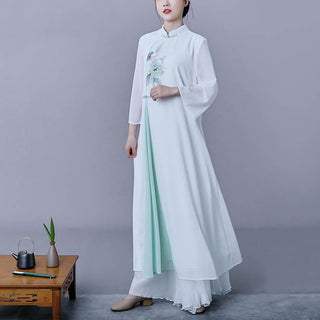 Buddha Gift 2Pcs Flower Three Quarter Sleeve Midi Dress Skirt Chiffon Zen Clothing Women's Set