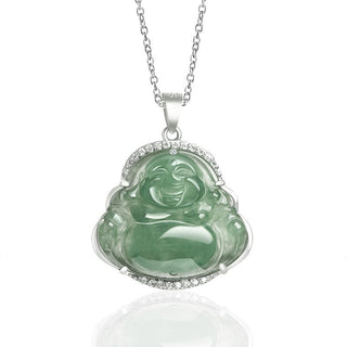 Buddha Gift 925 Sterling Silver Laughing Buddha Natural Jade Luck Prosperity Necklace Chain Pendant