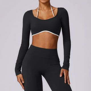 Buddha Gift Solid Color Halter Neck Bra Long Sleeve Crop Tank Top Pants Sports Fitness Gym Yoga Outfits