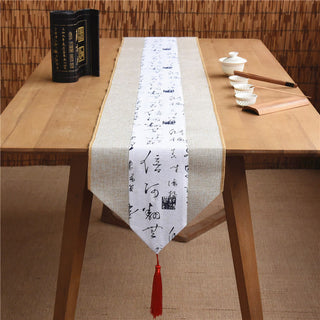 Buddha Gift Classic Chinese Style Lotus Koi Fish Flower Crane Calligraphy Enlightenment Cotton Linen Tassels Table Runner
