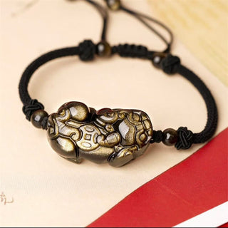 Buddha Gift Natural Obsidian Amethyst Citrine PiXiu Cooper Coin Wealth Bracelet