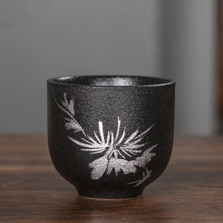 Buddha Gift Hand Painted Lotus Flower Bamboo Chrysanthemum Black Pottery Ceramic Teacup Kung Fu Tea Cup 95ml