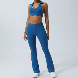 Buddha Gift 2Pcs Workout Sleeveless Backless Top Shorts Flared Pants Sports Fitness Yoga Outfit Set