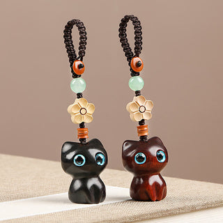 Buddha Gift Mini Small Leaf Red Sandalwood Ebony Wood Lucky Cat Lovely Kitty Peace Key Chain Phone Hanging Decoration