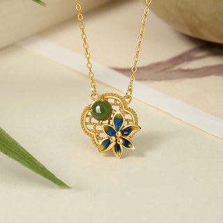 Buddha Gift 925 Sterling Silver Four Leaf Clover Flower Hetian Cyan Jade Pearl Healing Necklace Pendant Bracelet Earrings Set