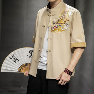 Buddha Gift Frog-Button Chinese Dragon Auspicious Cloud Embroidery Half Sleeve Shirt Cotton Linen Men Clothing