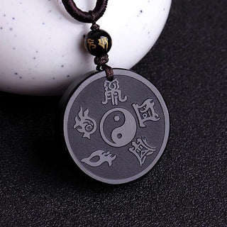 Buddha Gift Natural Black Obsidian Taoism Five Sacred Mountains Nine-Character Mantra Carved Strength Yin Yang Necklace Pendant Key Chain