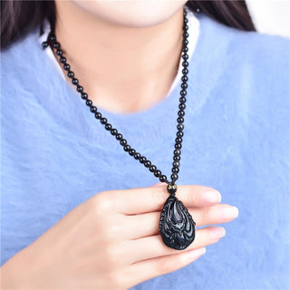 Buddha Gift Natural Rainbow Obsidian Nine Tailed Fox Inner Peace Necklace Beaded String Pendant