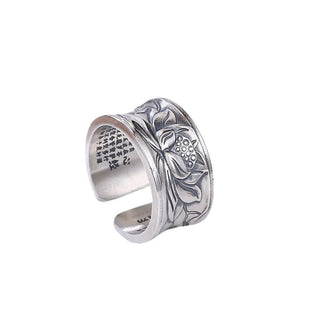 Buddha Gift 999 Sterling Silver Lotus Flower Heart Sutra Protection Ring