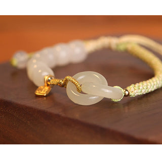 Buddha Gift Natural Hetian Jade Bead Double Peace Buckle Fu Character Abundance Braided Bracelet