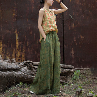 Buddha Gift Green Yellow Ramie Linen Flexible Waistband Wide Leg Pants With Pockets