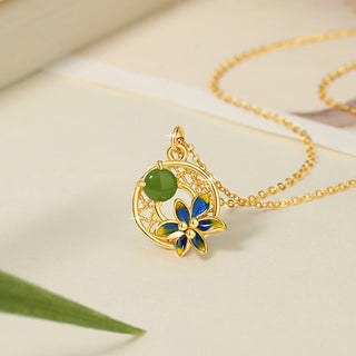 Buddha Gift 925 Sterling Silver Natural Hetian Cyan Jade Flower Luck Necklace Pendant Ring Earrings Set