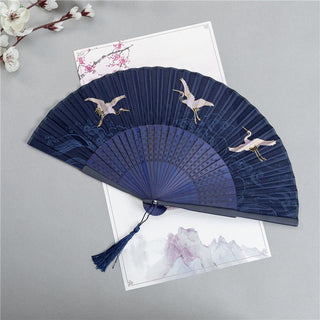 Buddha Gift Crane Dragonfly Lotus Peony Plum Blossom Butterfly Handheld Silk Bamboo Folding Fan 22.5cm