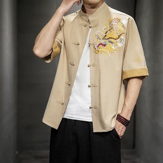 Buddha Gift Frog-Button Chinese Dragon Auspicious Cloud Embroidery Half Sleeve Shirt Cotton Linen Men Clothing