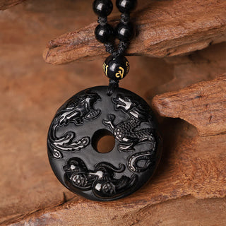 Buddha Gift Black Obsidian Dragon Phoenix Mandarin Duck Luck Protection Necklace Pendant