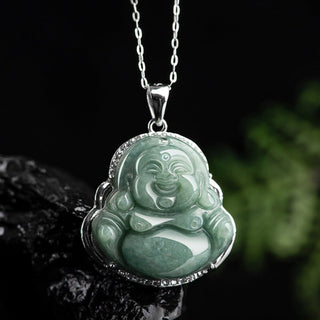 Buddha Gift 925 Sterling Silver Laughing Buddha Jade Abundance Necklace Chain Pendant