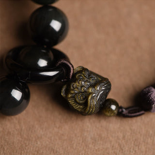 Buddha Gift Natural Black Obsidian Lion Wrist Mala Protection Tassels Pocket Mala Car Decoration