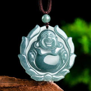 Buddha Gift Natural Jade Laughing Buddha Lotus Pattern Luck Necklace Pendant