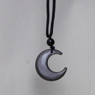 Buddha Gift Natural Silver Sheen Obsidian Star Crescent Moon Protection Necklace Pendant