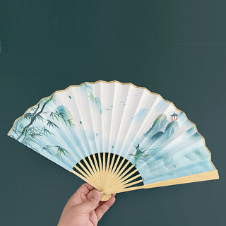 Buddha Gift Retro Lotus Flower Leaf Mountain Lake Handheld Folding Fan With Bamboo Frames