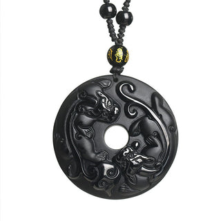 Buddha Gift Natural Black Obsidian Peace Buckle Pixiu Bead Rope Strength Necklace Pendant