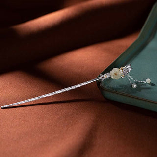 Buddha Gift 925 Sterling Silver Hetian White Jade Flower Blessing Hairpin