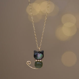 Buddha Gift 14K Gold Plated Pearl Hetian Jade Shell Luck Cat Kitten Necklace Pendant