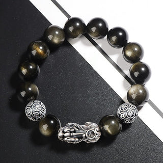 Buddha Gift 925 Sterling Silver Natural Gold Sheen Obsidian PiXiu Wealth Protection Bracelet