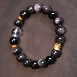 Buddha Gift Natural Silver Sheen Obsidian Crystal Om Mani Padme Hum Bead Protection Bracelet
