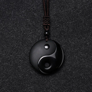 Buddha Gift Black Obsidian Taoism Five Sacred Mountains Nine-Character Mantra Carved Purification Yin Yang Necklace Pendant