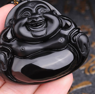 Buddha Gift Laughing Buddha Black Obsidian Transformation Pendant Necklace