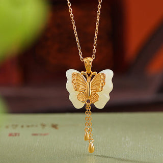 Buddha Gift 925 Sterling Silver Plated Gold Hetian White Jade Butterfly Blessing Necklace Pendant