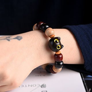 Buddha Gift Small Leaf Red Sandalwood Ebony Wood Cute Cat Engraved Protection Bracelet