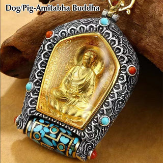 Buddha Gift Tibet Chinese Zodiac Natal Buddha Thangka Prosperity Rotatable Dzi Bead Necklace Pendant