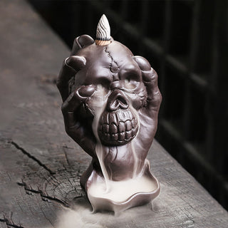 Buddha Gift Halloween Skull With Ghost Hand Purple Clay Spiritual Incense Burner Decoration