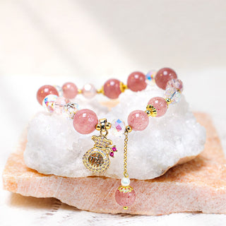 Buddha Gift Natural Strawberry Quartz Crystal Money Bag Charm Positive Bracelet