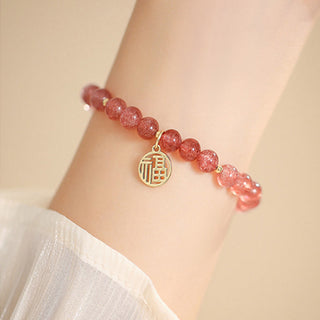 Buddha Gift 14K Gold Plated Strawberry Quartz Fu Character Healing Charm Bracelet