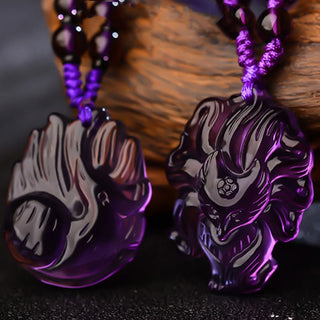 Buddha Gift Natural Amethyst White Crystal Citrine Nine Tailed Fox Luck Necklace Pendant