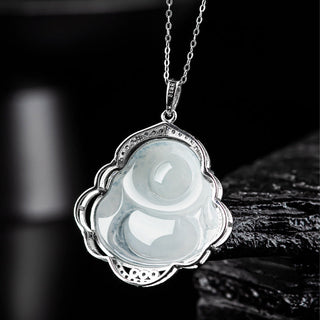 Buddha Gift 925 Sterling Silver Laughing Buddha Natural Jade Abundance Necklace Pendant