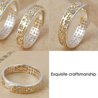 Buddha Gift Peace and Joy Tang Dynasty Flower Design Lotus Heart Sutra Carved Copper Luck Adjustable Ring