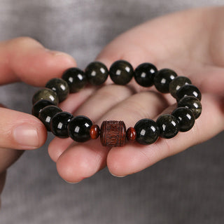 Buddha Gift Natural Gold Sheen Obsidian Rainbow Obsidian Om Mani Padme Hum Fu Character Healing Bracelet