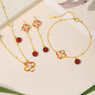Buddha Gift 925 Sterling Silver Four Leaf Clover Koi Fish Red Agate Pearl Wealth Bracelet Necklace Pendant Earrings Set
