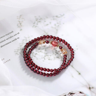 Buddha Gift 14K Gold Plated Natural Garnet Strawberry Quartz Butterfly Protection Double Wrap Bracelet