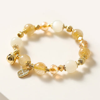 Buddha Gift 14K Gold Plated Golden Rutilated Quartz Wealth Bell Lucky Fortune Charm Bracelet